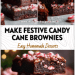 Stacked fudgy Xmas Desserts brownies with candy cane crumble and holiday lights in the background